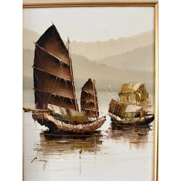 Vintage P. Wong Chinese Junk Boats Oil Painting On Canvas Authentic 17